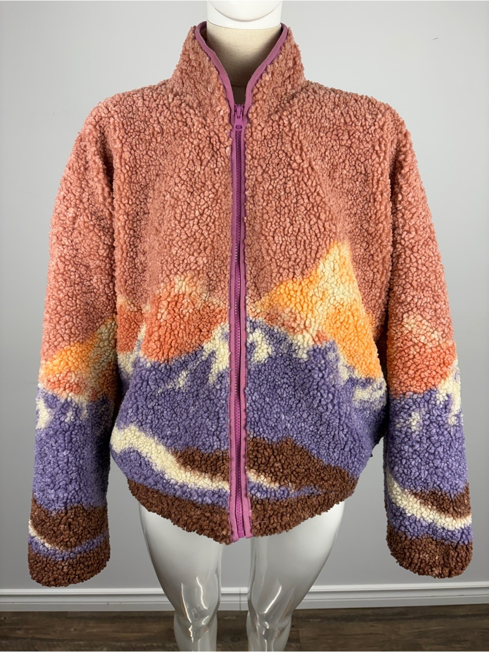 Wild Fable Pink Mountain Landscape Sherpa Jacket Full Zip Teddy Fleece Cozy L